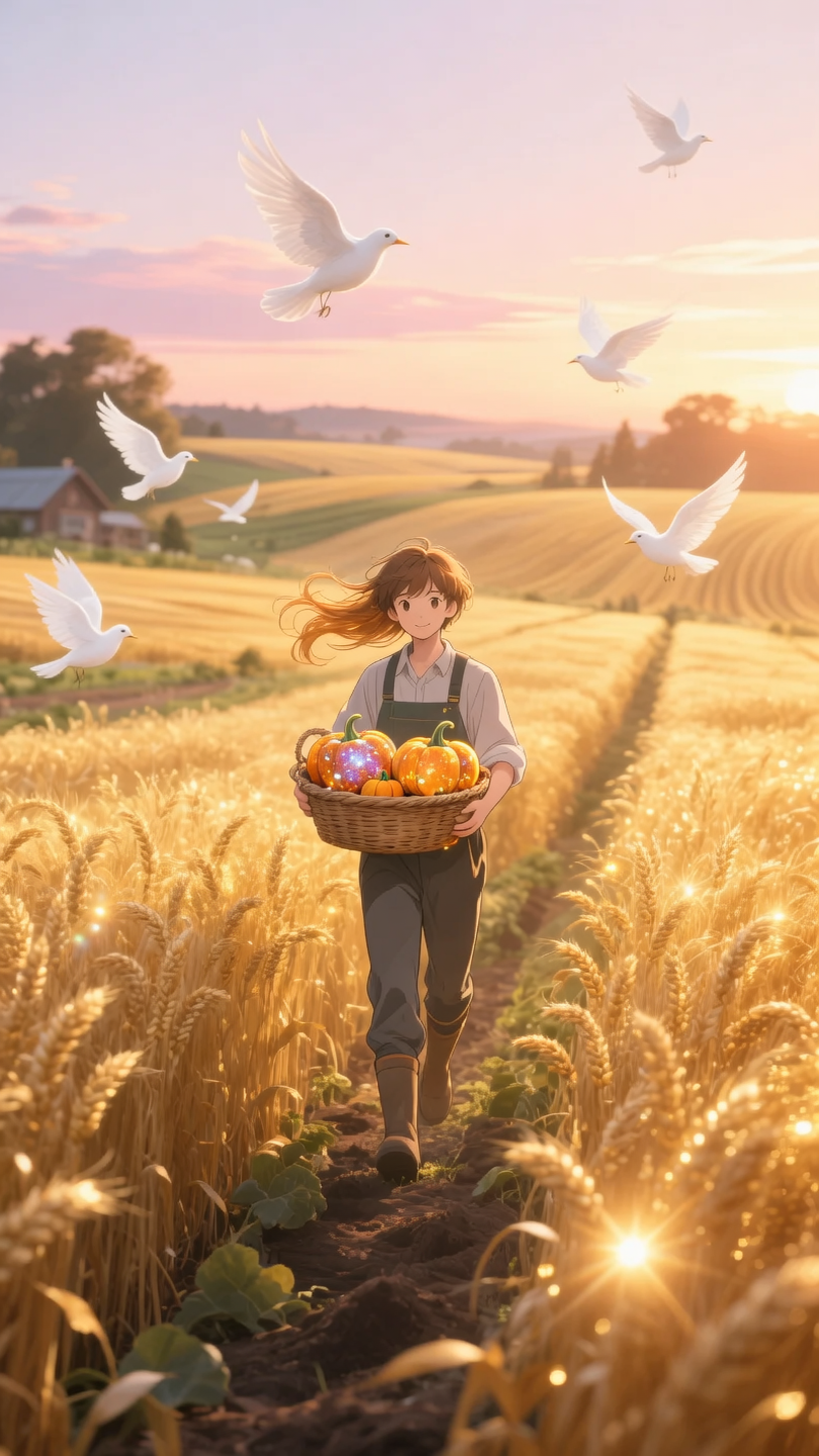 An idyllic anime-style farm, 8K ultrarrealista. Fields of golden wheat undulate under the warm light of dusk, each ear illuminat...