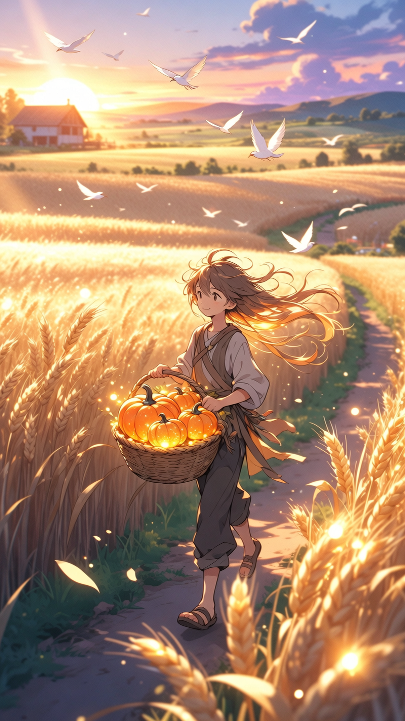An idyllic anime-style farm, 8K Ultra Realistic. The golden wheat field undulates in the warm light of dusk, Every ear shines li...