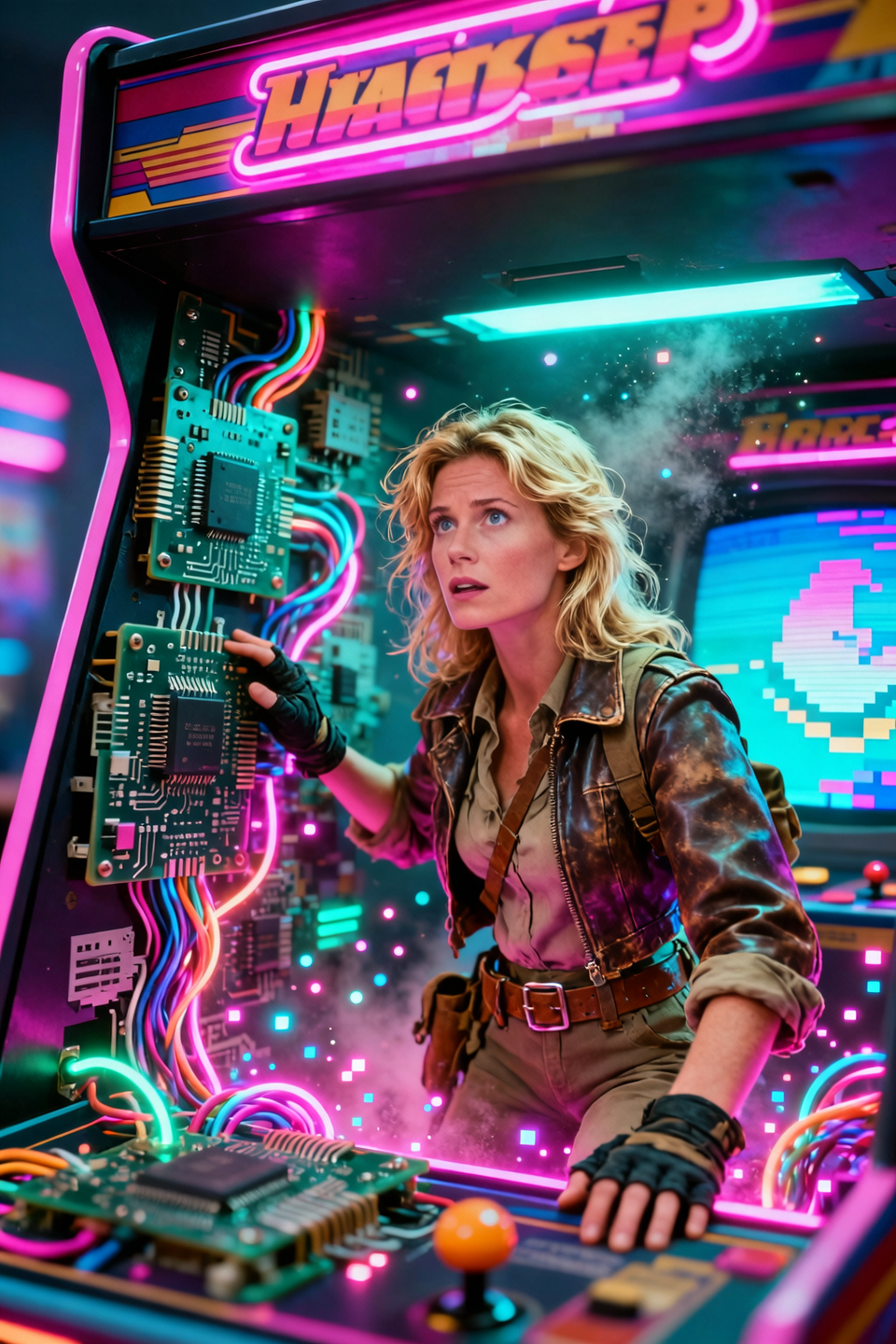 A realistic Western female explorer inside an opened 1980s arcade cabinet, depicted as if she has shrunk and is navigating the g...