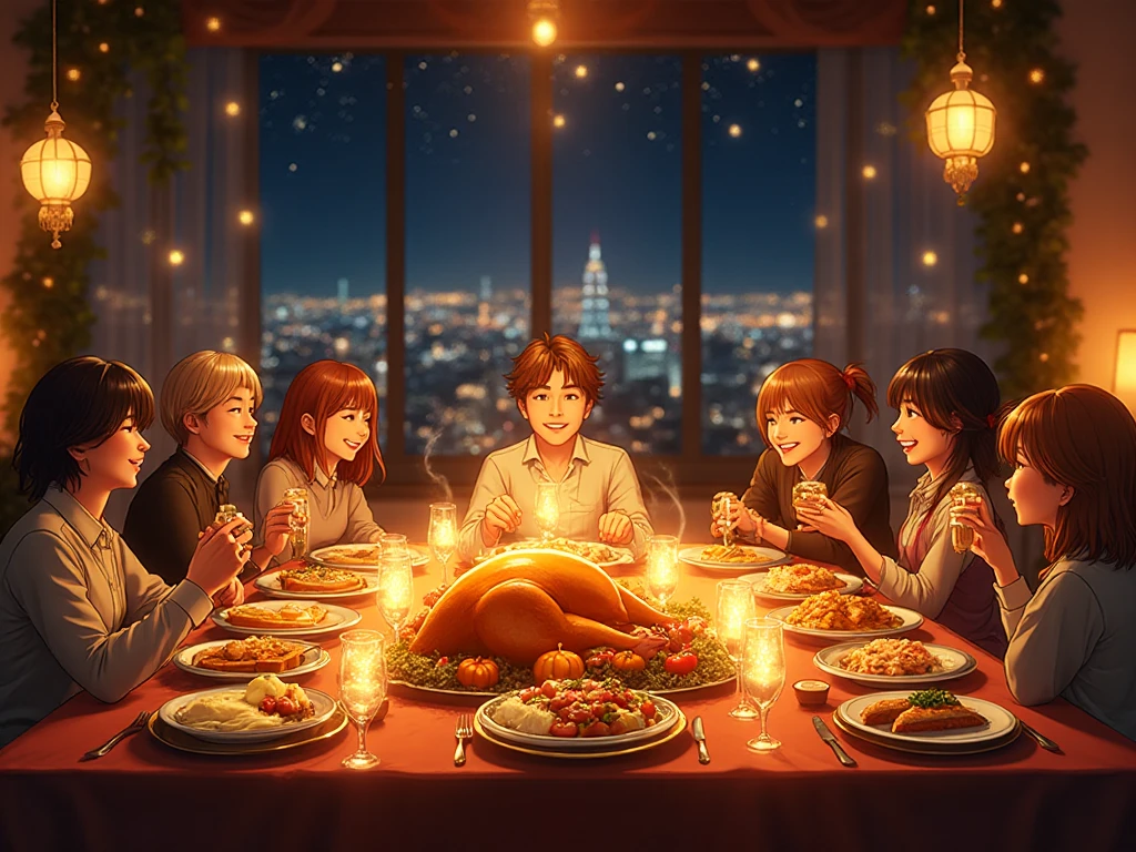 Anime style, warm festive atmosphere, glowing night cityscape visible through la