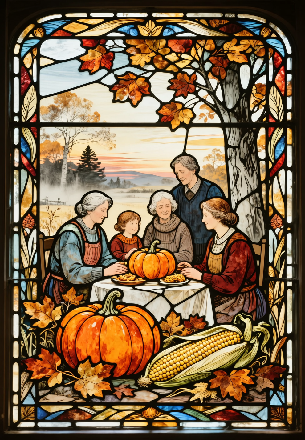 Stained glass depicting a Thanksgiving theme. Late autumn harvests like pumpkins and corn, expressed with familial warmth. The s...