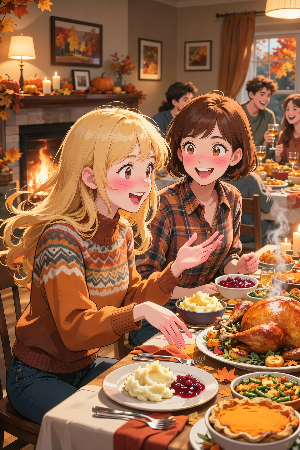 Deux fille célébrant Thanksgiving, une a de long cheveux blond et l'autre de cheveux court brun. La table est mise, les amis dis...