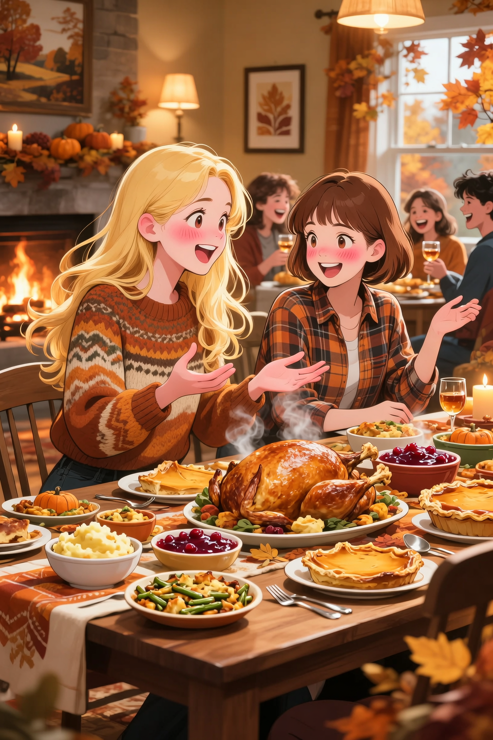 Deux fille célébrant Thanksgiving, une a de long cheveux blond et l'autre de cheveux court brun. La table est mise, les amis dis...