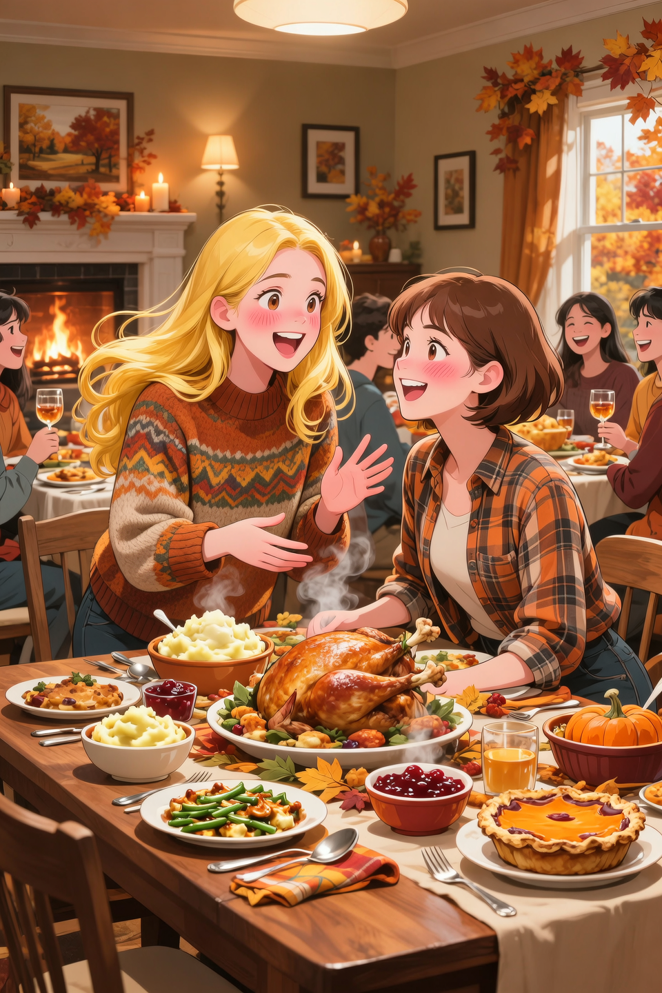 Deux fille célébrant Thanksgiving, une a de long cheveux blond et l'autre de cheveux court brun. La table est mise, les amis dis...