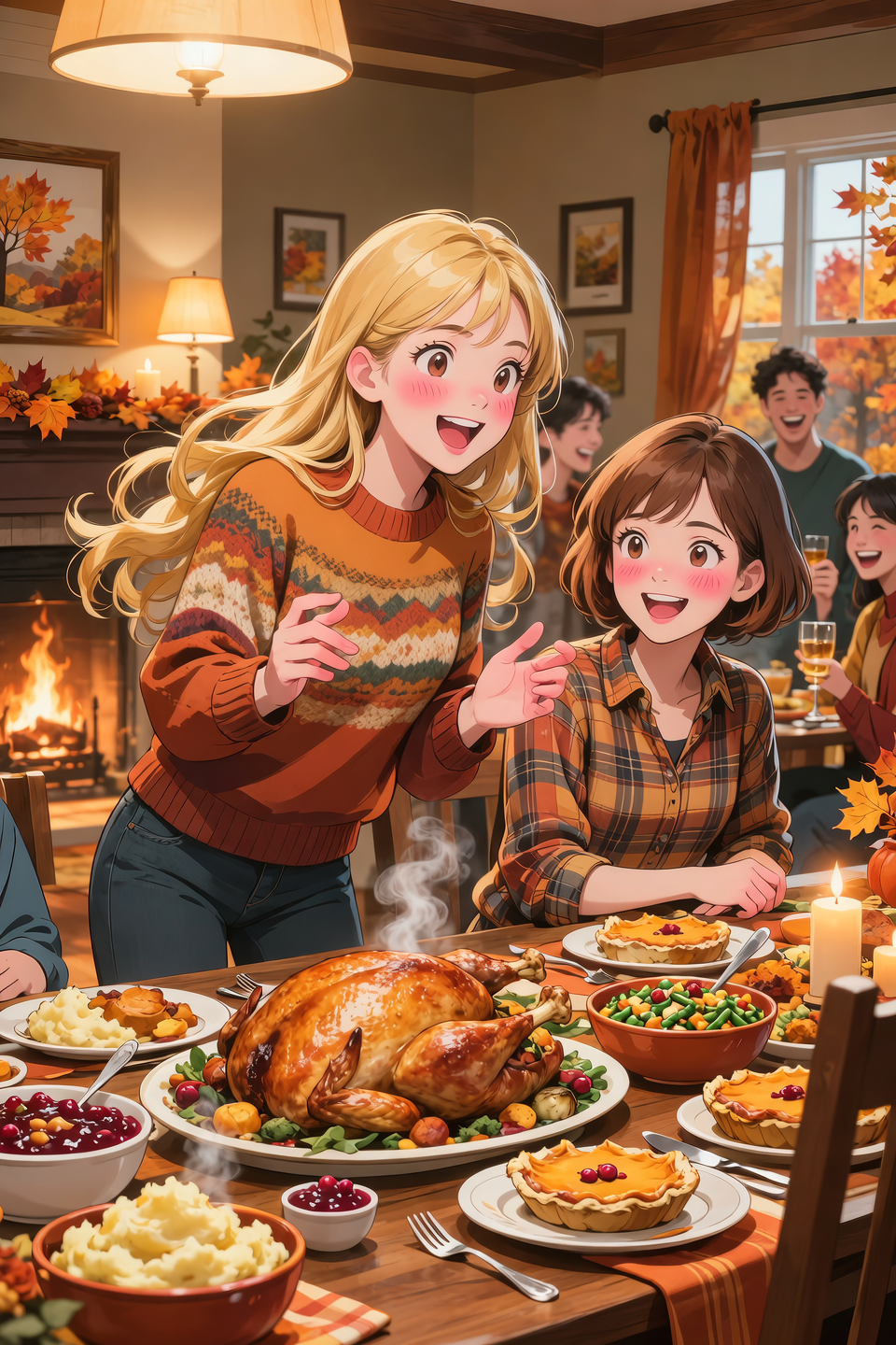 Deux fille célébrant Thanksgiving, une a de long cheveux blond et l'autre de cheveux court brun. La table est mise, les amis dis...