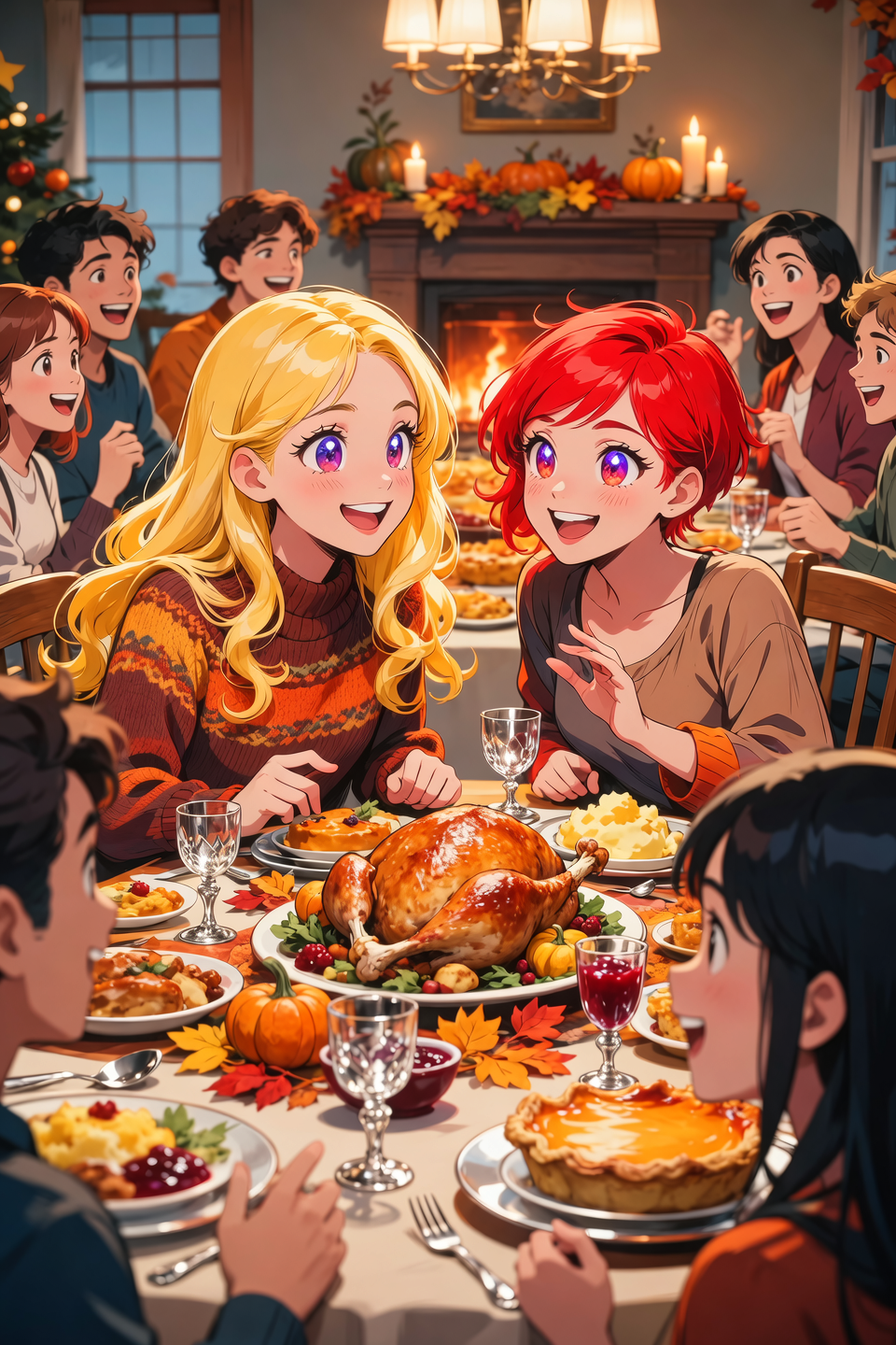 Deux fille célébrant Thanksgiving, une a de long cheveux blond et l'autre de cheveux très court roux. La table est mise, les ami...