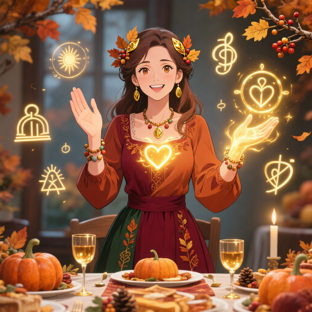 magical anime image: a young woman in autumn dress is standing at the festive table on Thanksgiving, where the real miracle happ...