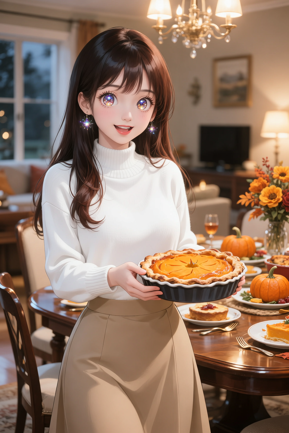 A pretty Korean anime girl in her early 20s wearing a stylish pure white sweater and a high-waist beige A-line skirt. She has a ...