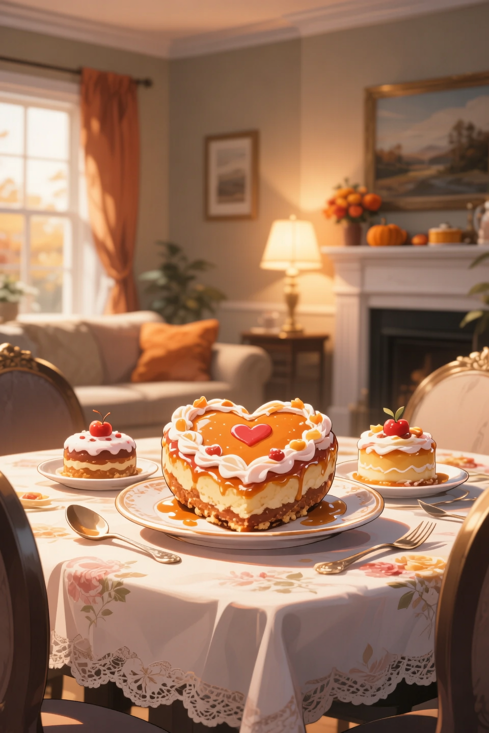 A heartwarming Thanksgiving sweet desserts are placed on top of an elegant dining table. A soft lighting surrounding a cozy dini...