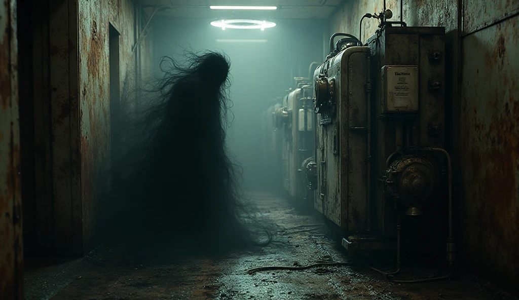 "Creepy whispering shadow figure near old hospital machinery