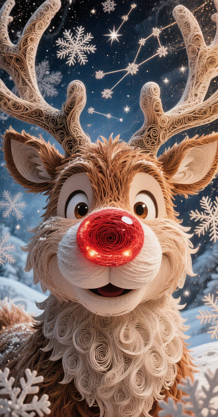Ultra-detailed close-up portrait of Rudolph the Red-Nosed Reindeer, depicted as chubby and adorable, crafted entirely in a paper...