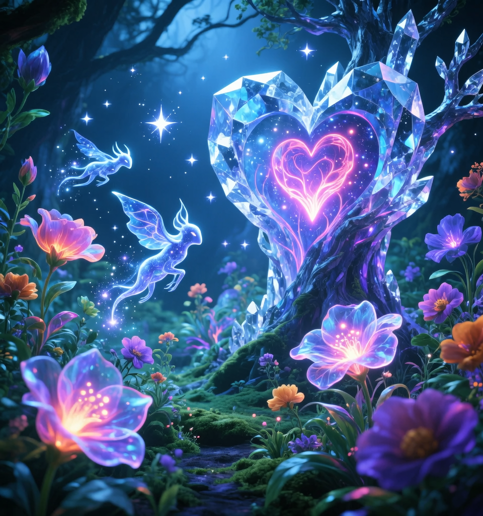 Supernatural Garden where flowers breathe luminous particles, translucent petals glowing in spirals, crystal trees pulsing like ...
