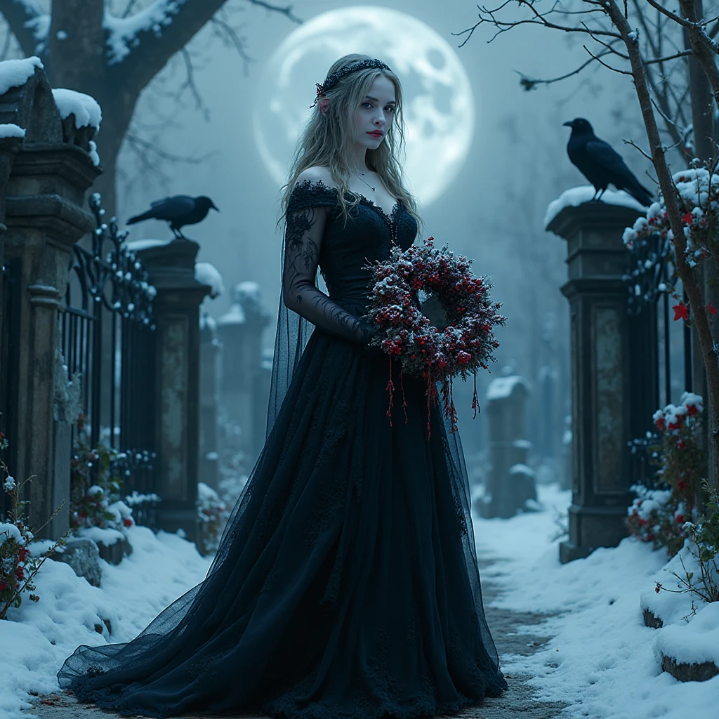 A pale Gothic winter queen in flowing black lace gown holding a frosted wreath o