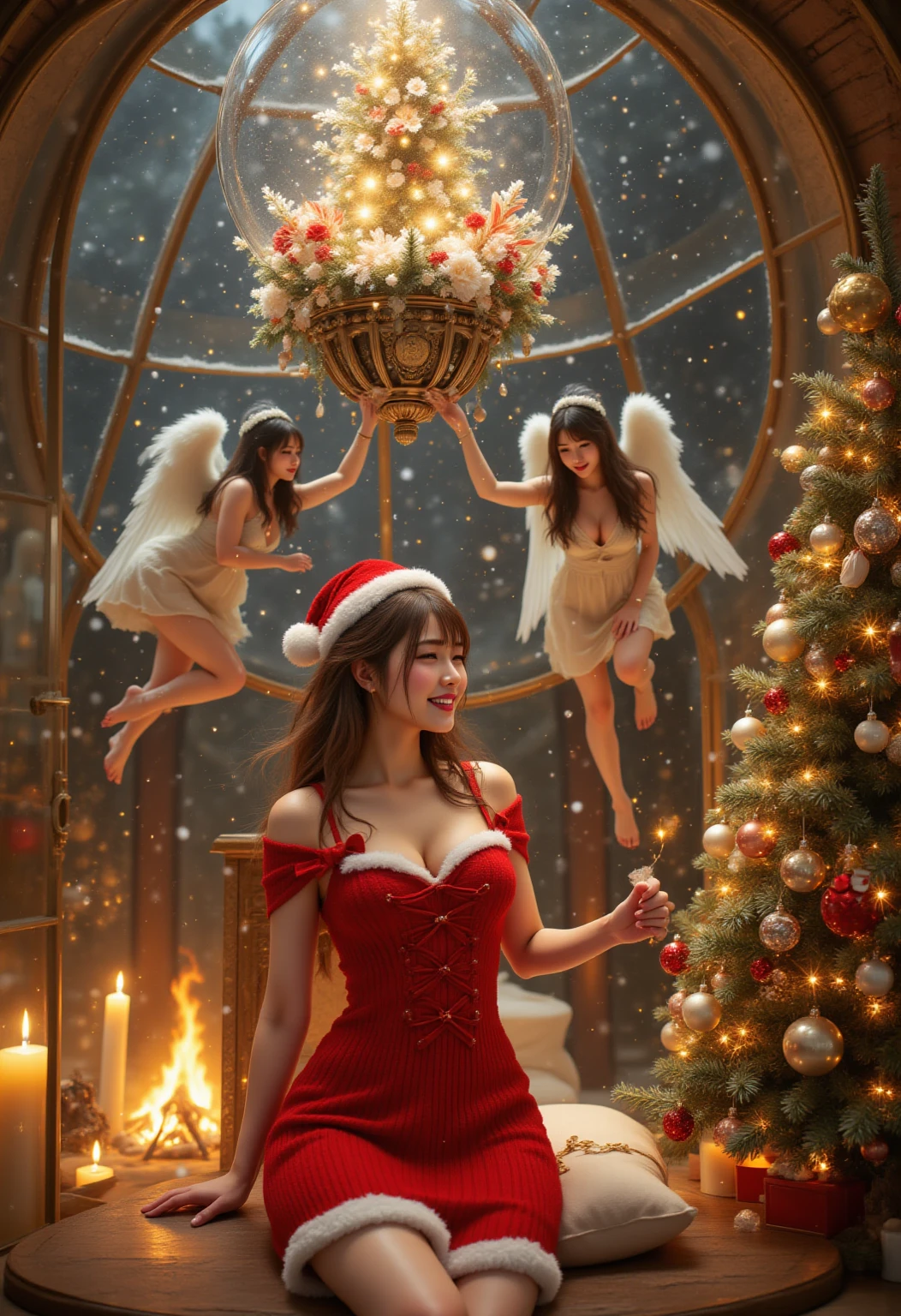 Within a grand spherical glass dome floats a dual-layered ethereal paradise