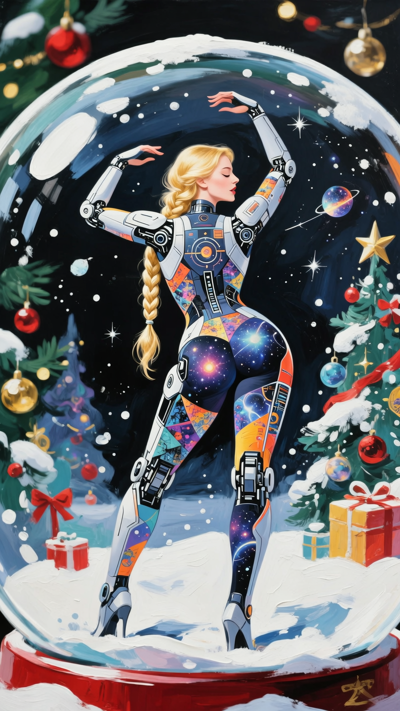 Inside a cozy, festively decorated snow globe, a vivid oil on canvas painting emerges with a bright, fragmented, layered style t...