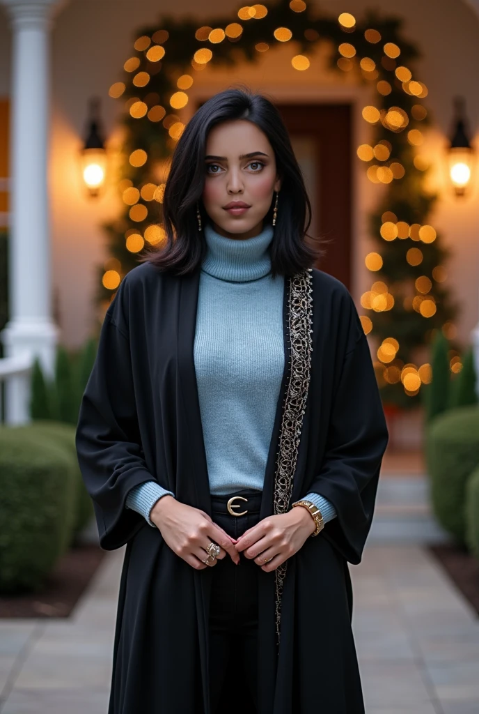 A beautiful woman with a perfectly sculpted hourglass figure stands confidently 