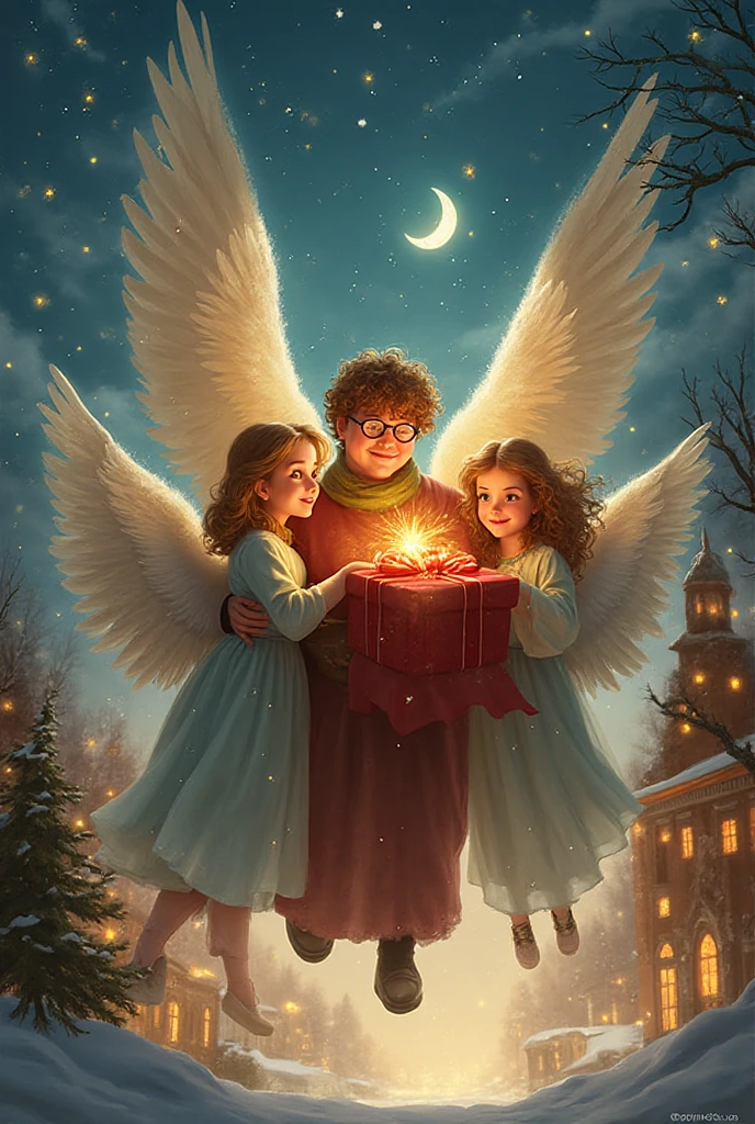 Fantafy style: 3 angels brings a Christmas present in a small town