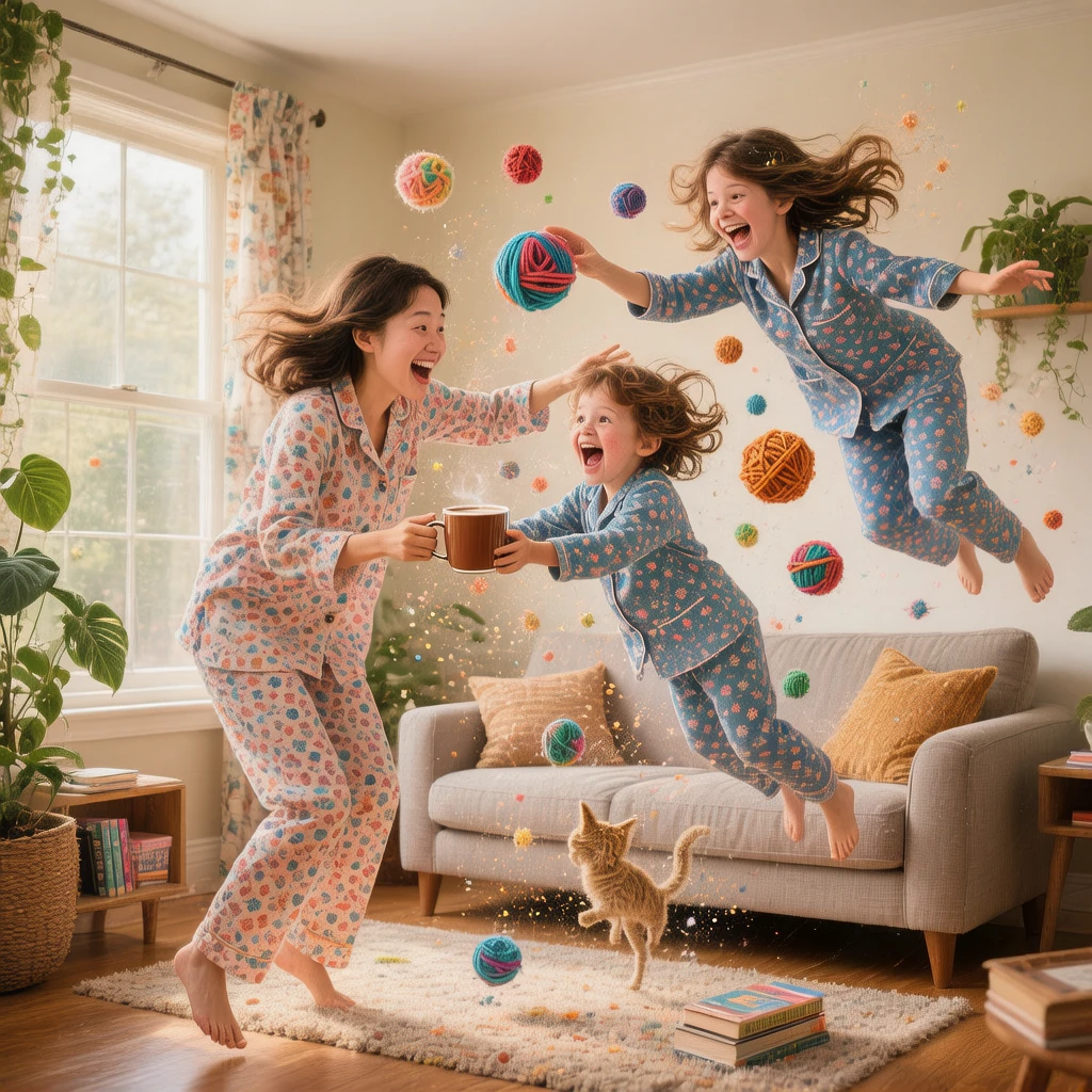 Family in the interior: the living room is frozen in magical weightlessness, chairs and books slowly float between deftly flying...