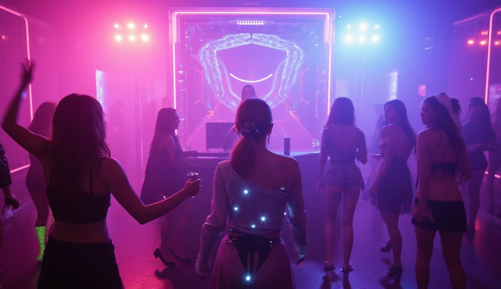 Create a cinematic 16:9 image of a high-energy futuristic nightclub