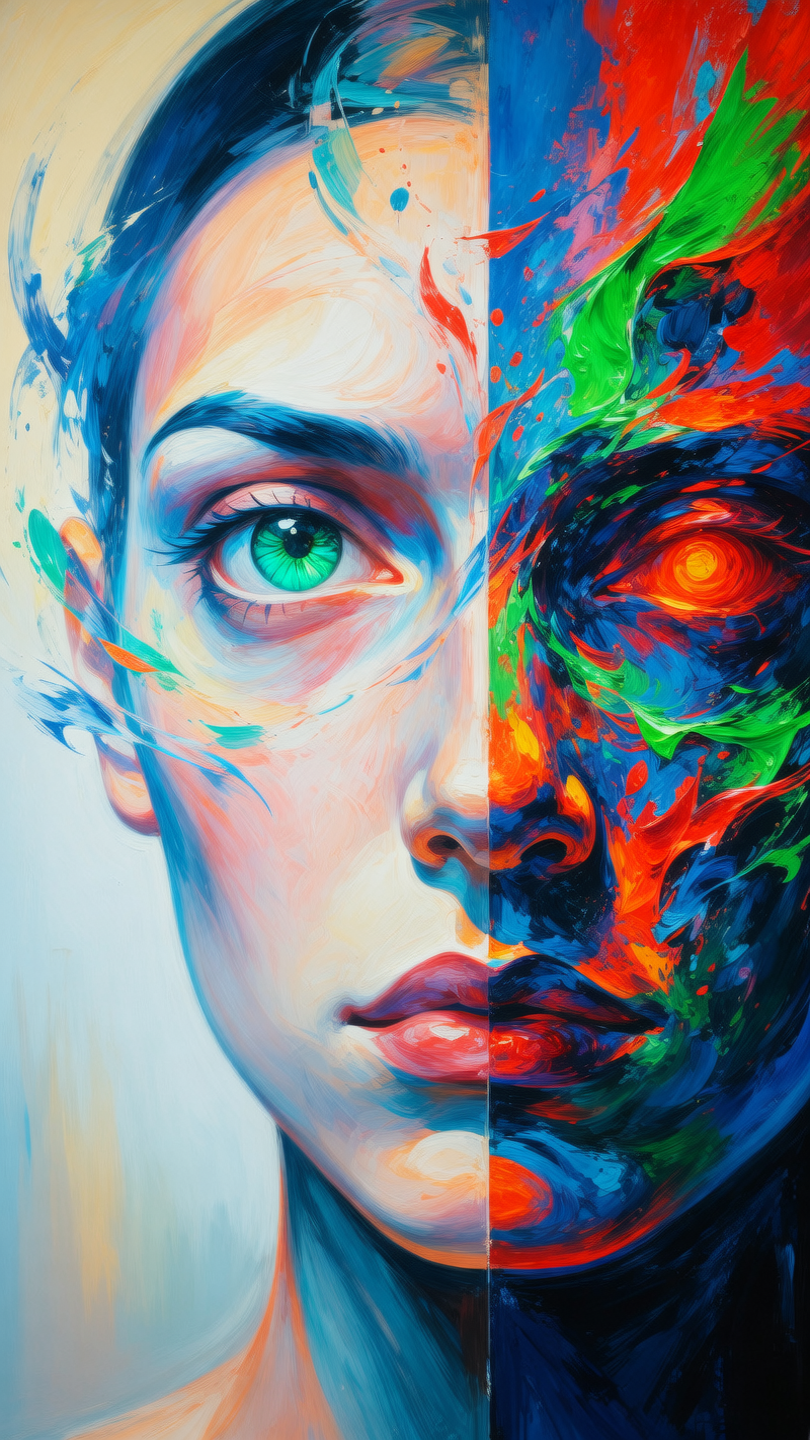 Plism art, face in abstractions, fliping acrylic brushed delusion of half split . one eye, mouth, 