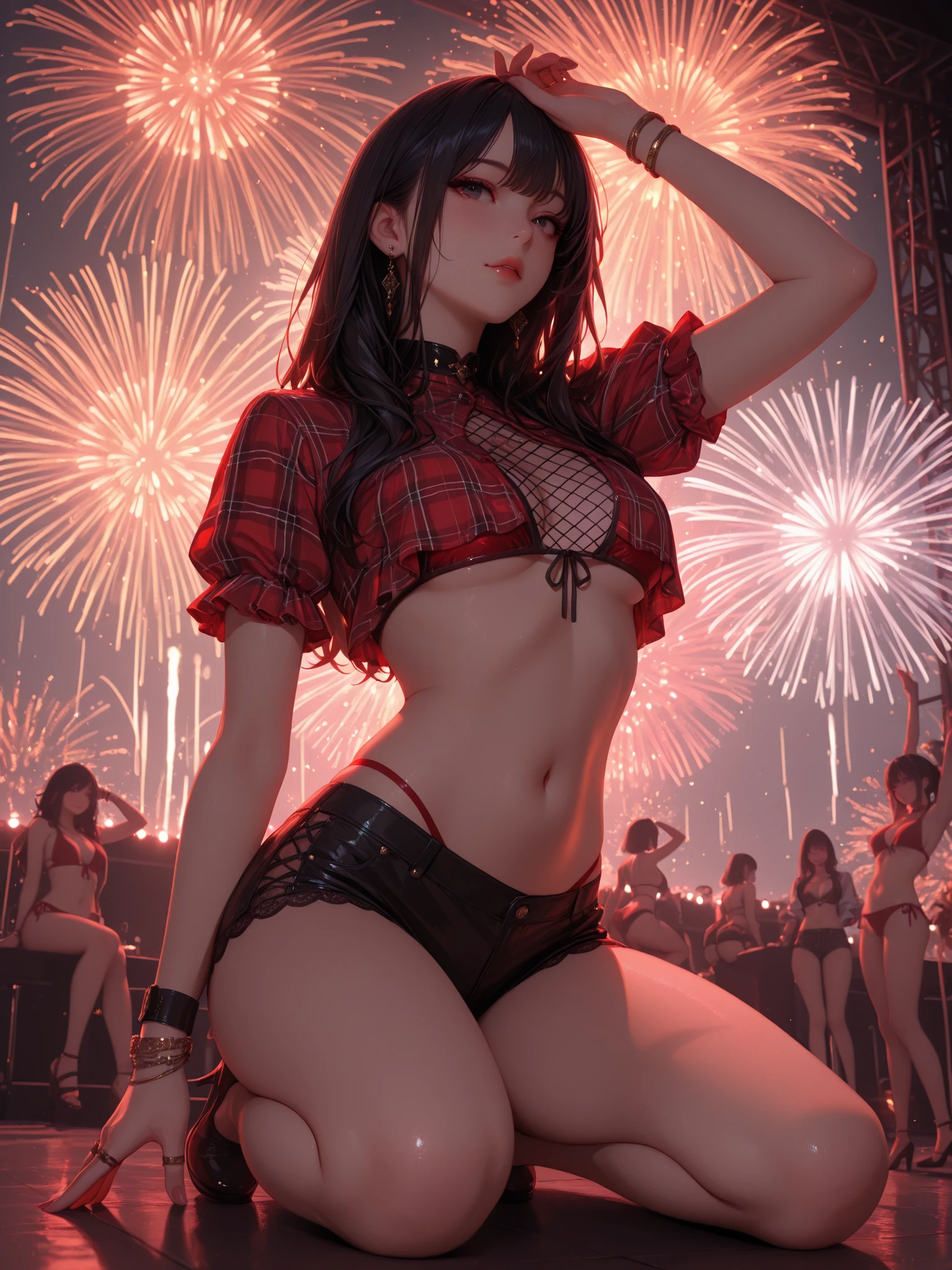 A young woman in a red  is kneeling and leaning back on the stage with her