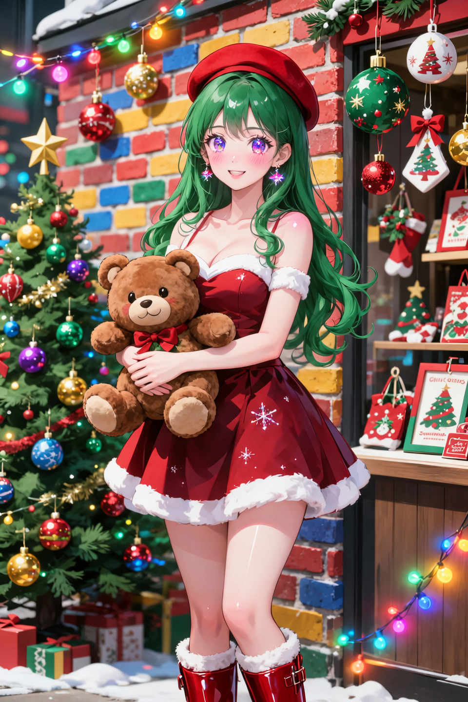 A pretty Japanese anime girl in her early 20s wearing a stylish crimson red and white Christmas mini dress and a pair of knee-le...