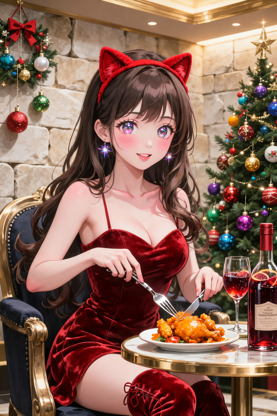 A pretty Japanese anime girl in her early 20s wearing an elegant red velvet evening dress and a pair of knee-length red velvet c...