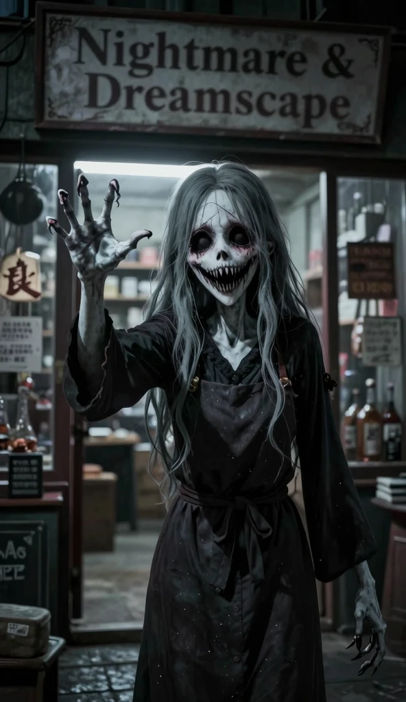 Hyper-realistic bara anime style, cinematic horror scene, a creepy ghostly store