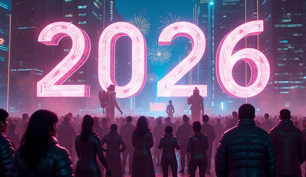 A modern 2026 New Year celebration, glowing neon numbers “2026