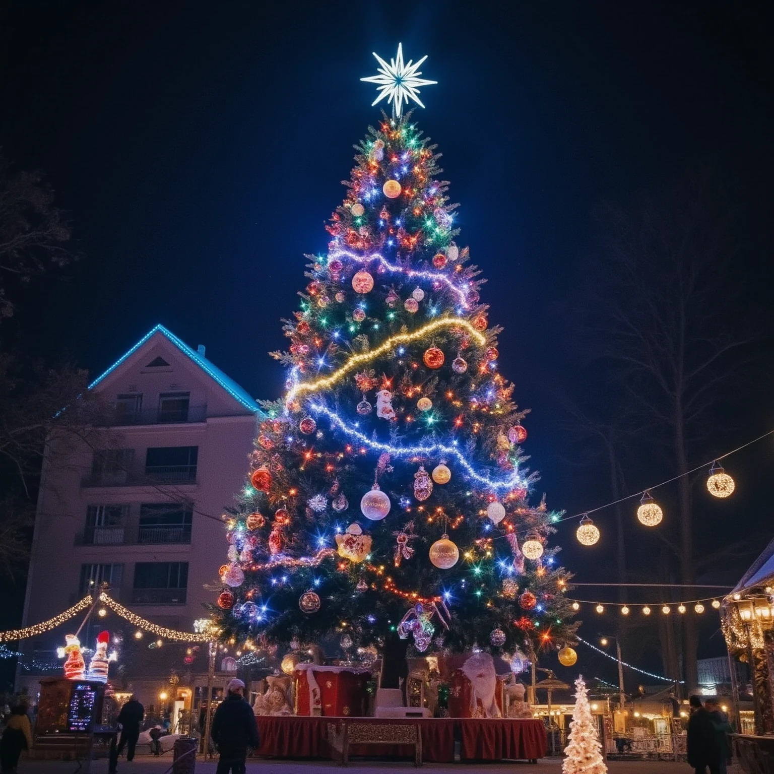 Huge Christmas Tree、light up with colorful lights、shining ornaments