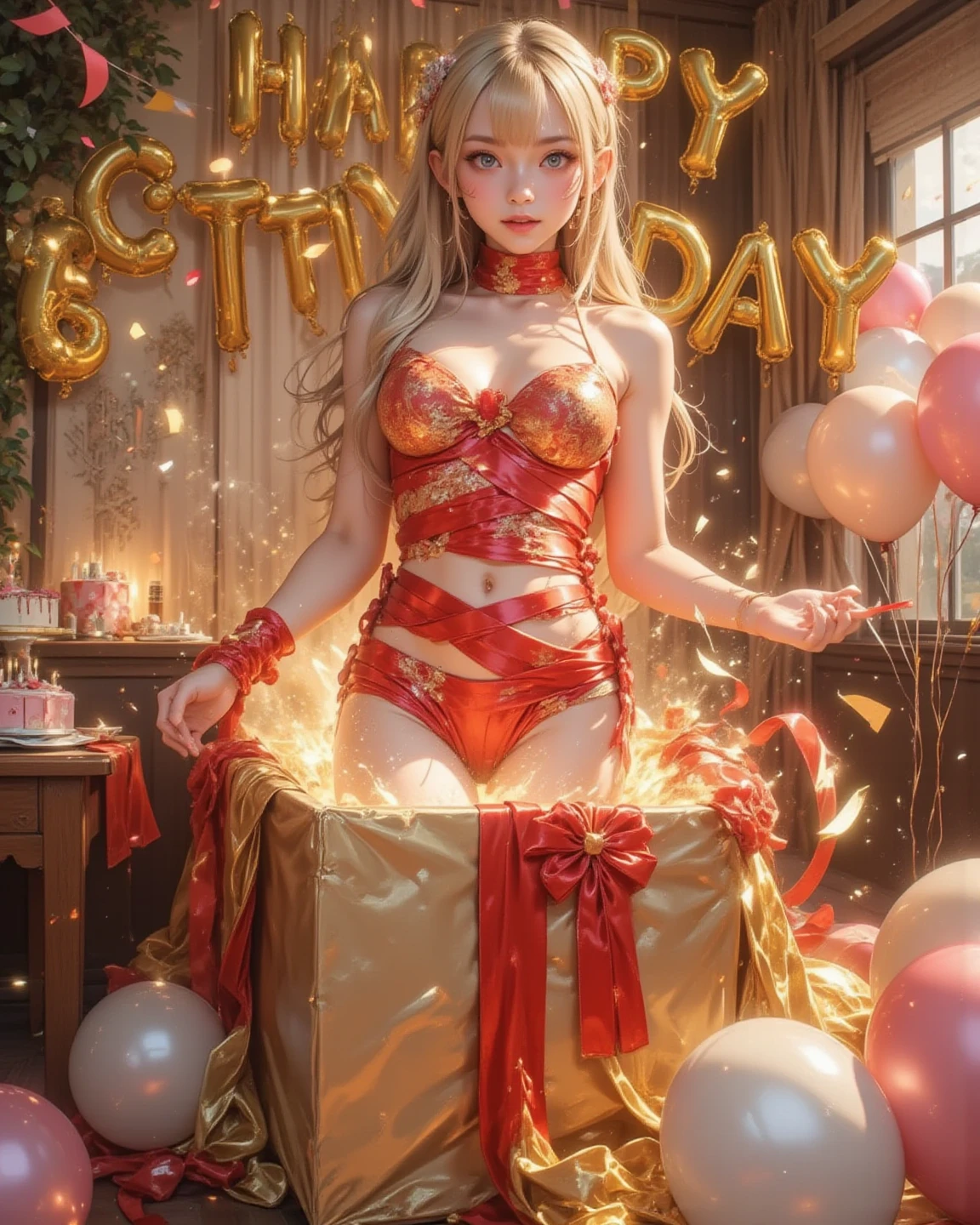 A captivating birthday surprise scene unfolds in a festively decorated room