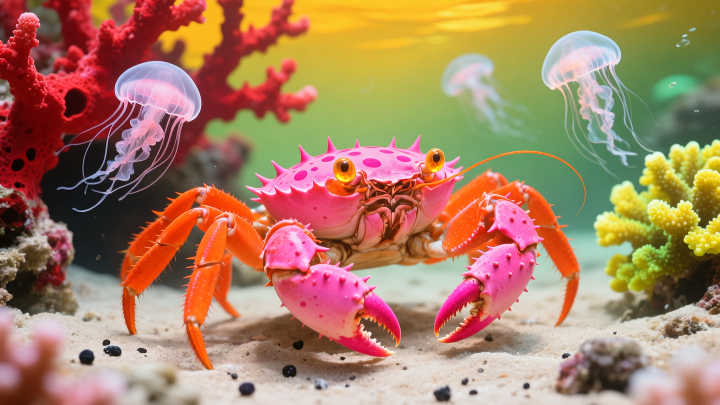 A dazzling reef scene featuring a Christmas Island red crab (Gecarcoidea natalis) light highlights shimmer, The reef is located ...