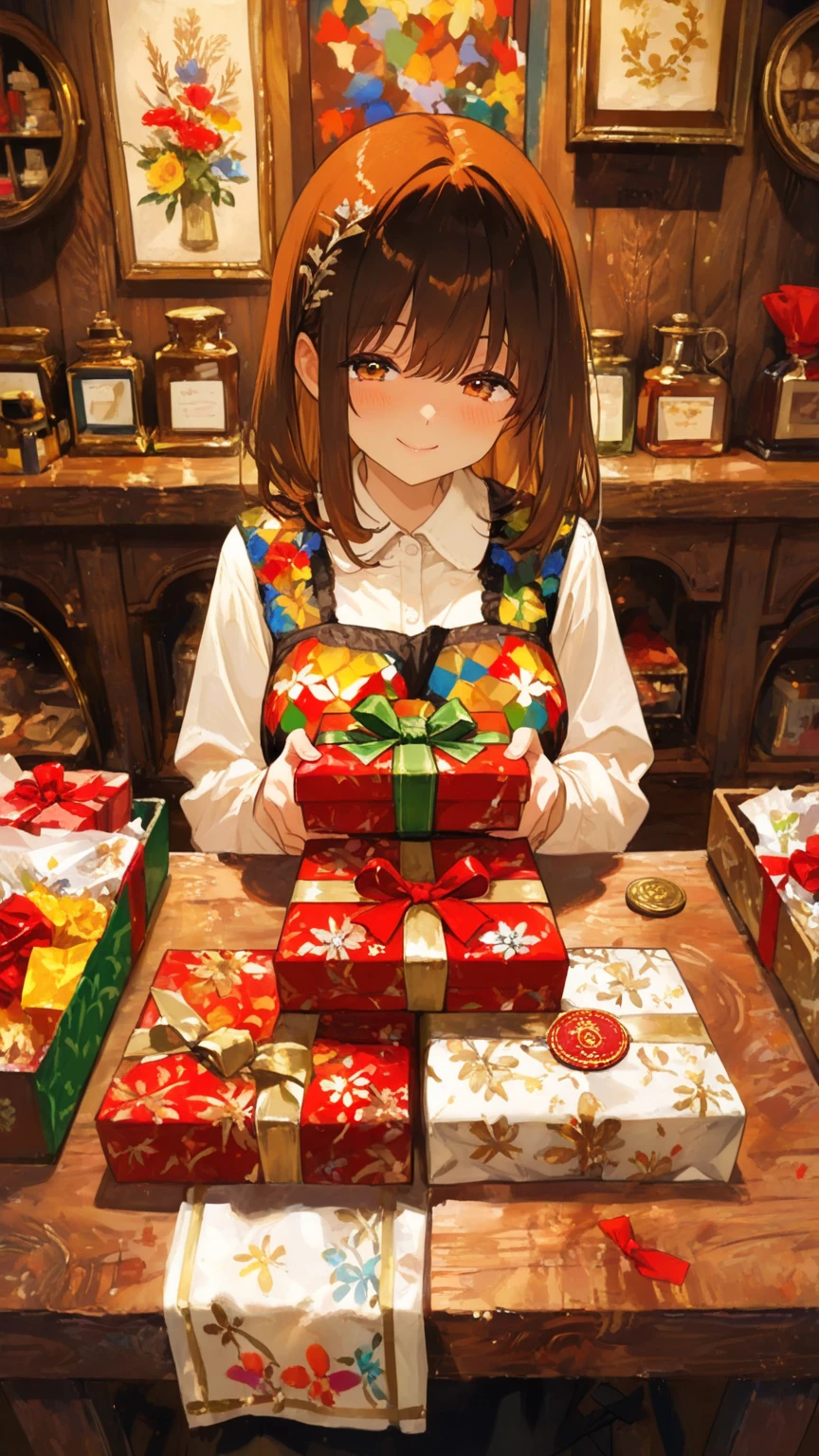 , (masterpiece:1.2), 1girl, cute, professional gift wrapper, surrounded by rolls