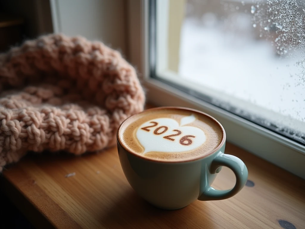 A cozy winter morning scene, a cup of latte art with "2026" written on the foam