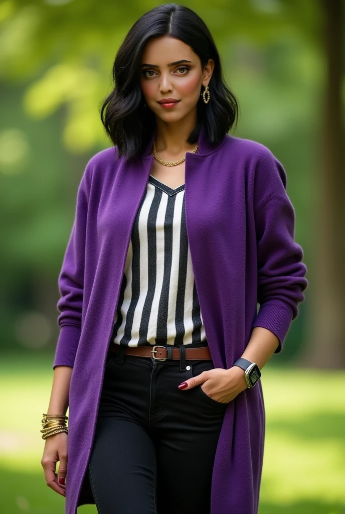 A beautiful woman with a perfectly sculpted hourglass figure stands confidently 