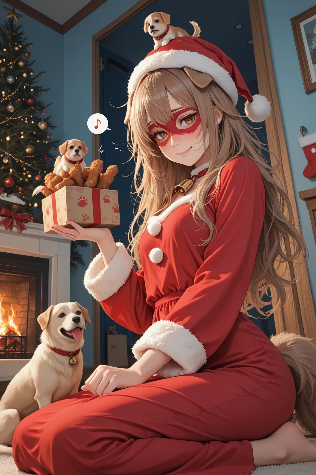 1girl, solo, Waifu, dog girl, dog ears, small breasts, neck bell