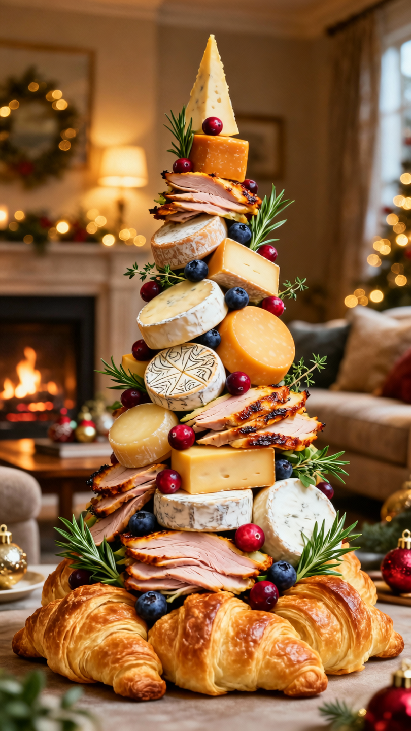 A Christmas tree constructed entirely from stacked gourmet foods—croissants, cheese wheels, roasted turkey slices, berries, and ...
