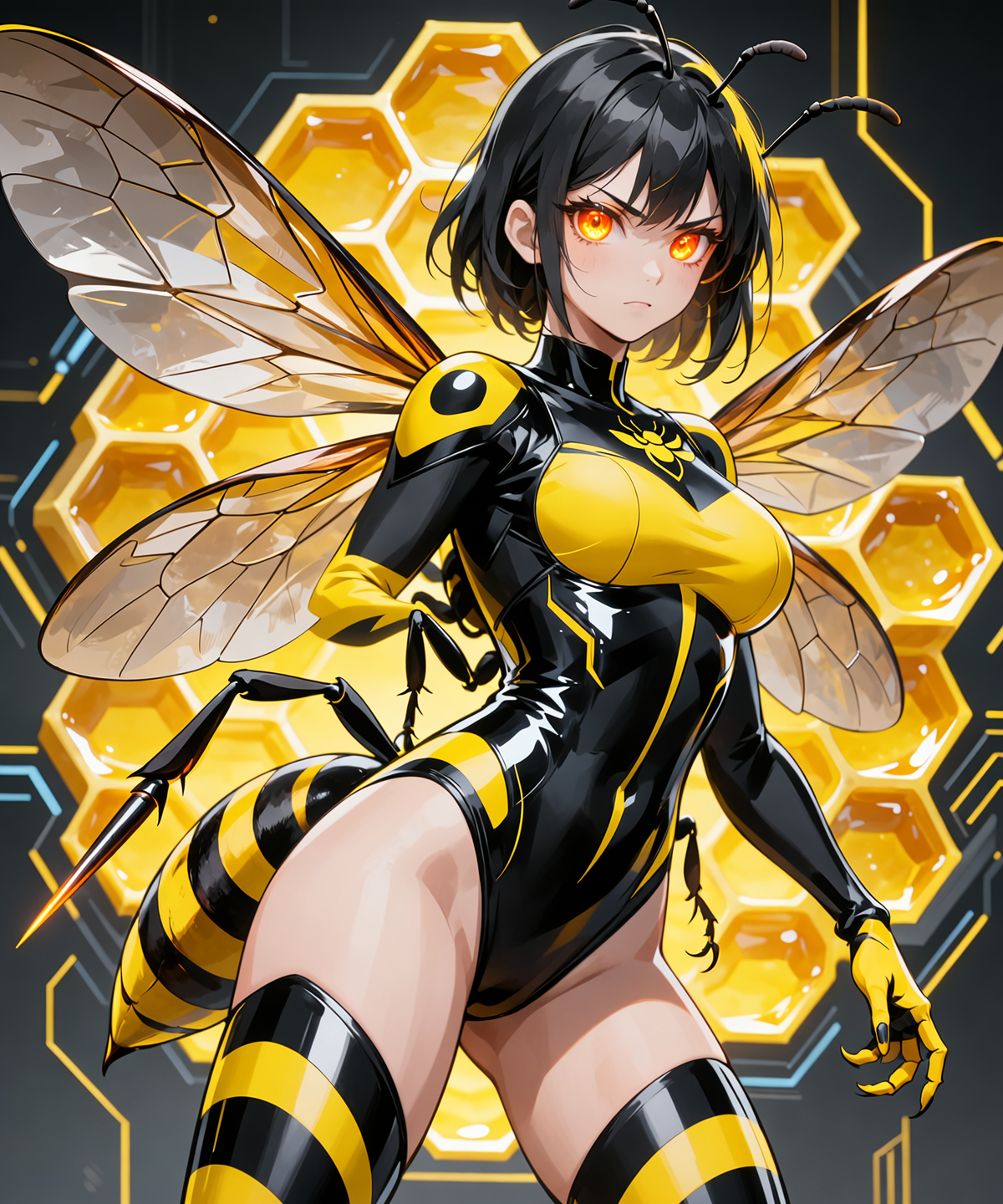 Anime style illustration of a hornet-human hybrid girl, (half-human half-hornet:1.2), sharp yellow and black striped patterns, l...