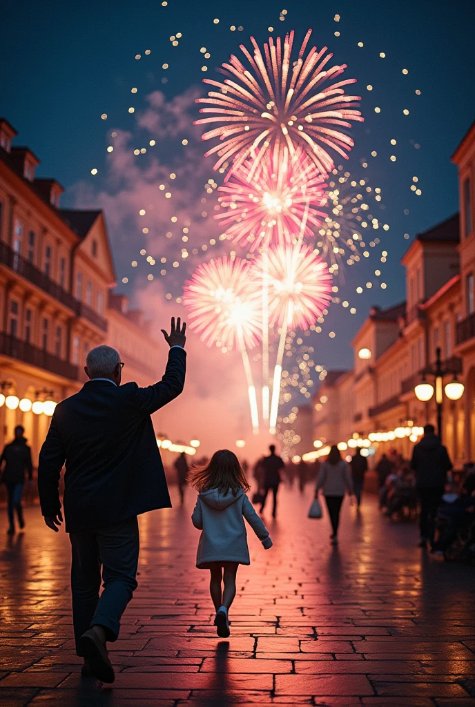 A festive New Year's Eve setting in an illuminated square. No centro