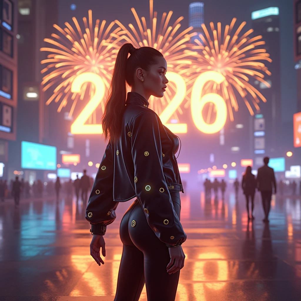 A stunning futuristic New Year celebration welcoming 2026, featuring a creative 