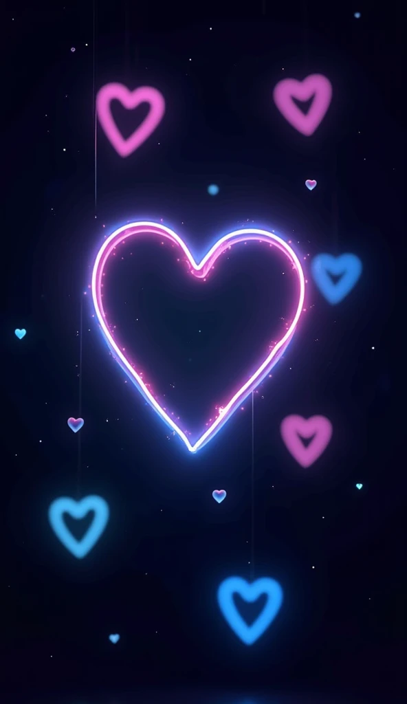 Emoji hearts outlined in thin neon lines, floating on a black background