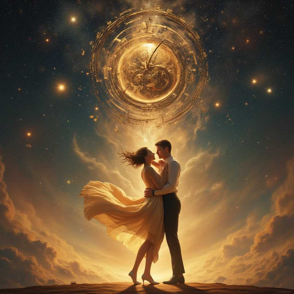 Universe, clock, melody, notes, dance of a guy and a girl in love