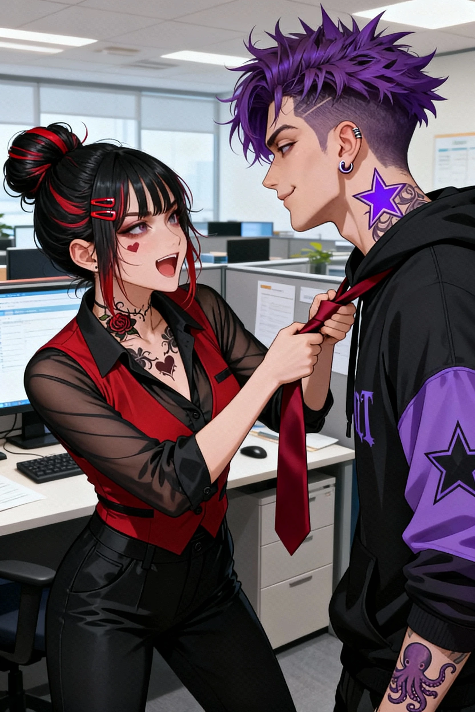 a couple in love, the girl has suddenly come to her boyfriend's workplace and playfully pulls him by the tie