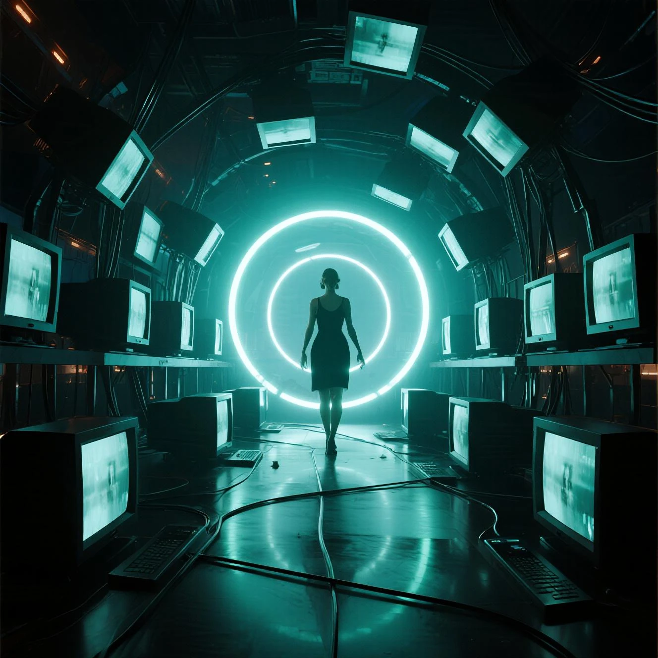 Dark horror. A 3D hologram woman walks across multiple monitors. Lines of light connect the monitors, leaving an afterimage as s...