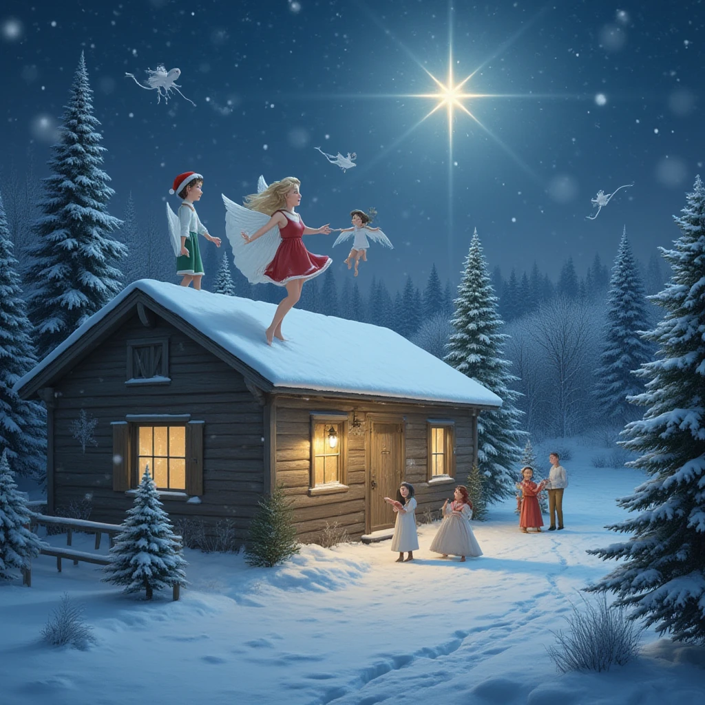 Christmas angels on a snow-covered roof dance in a round dance