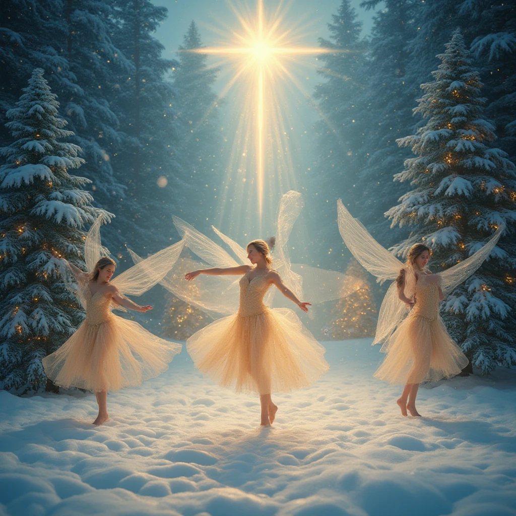 Angels are dancing in a snowy forest, a bright star is shining in the sky above 