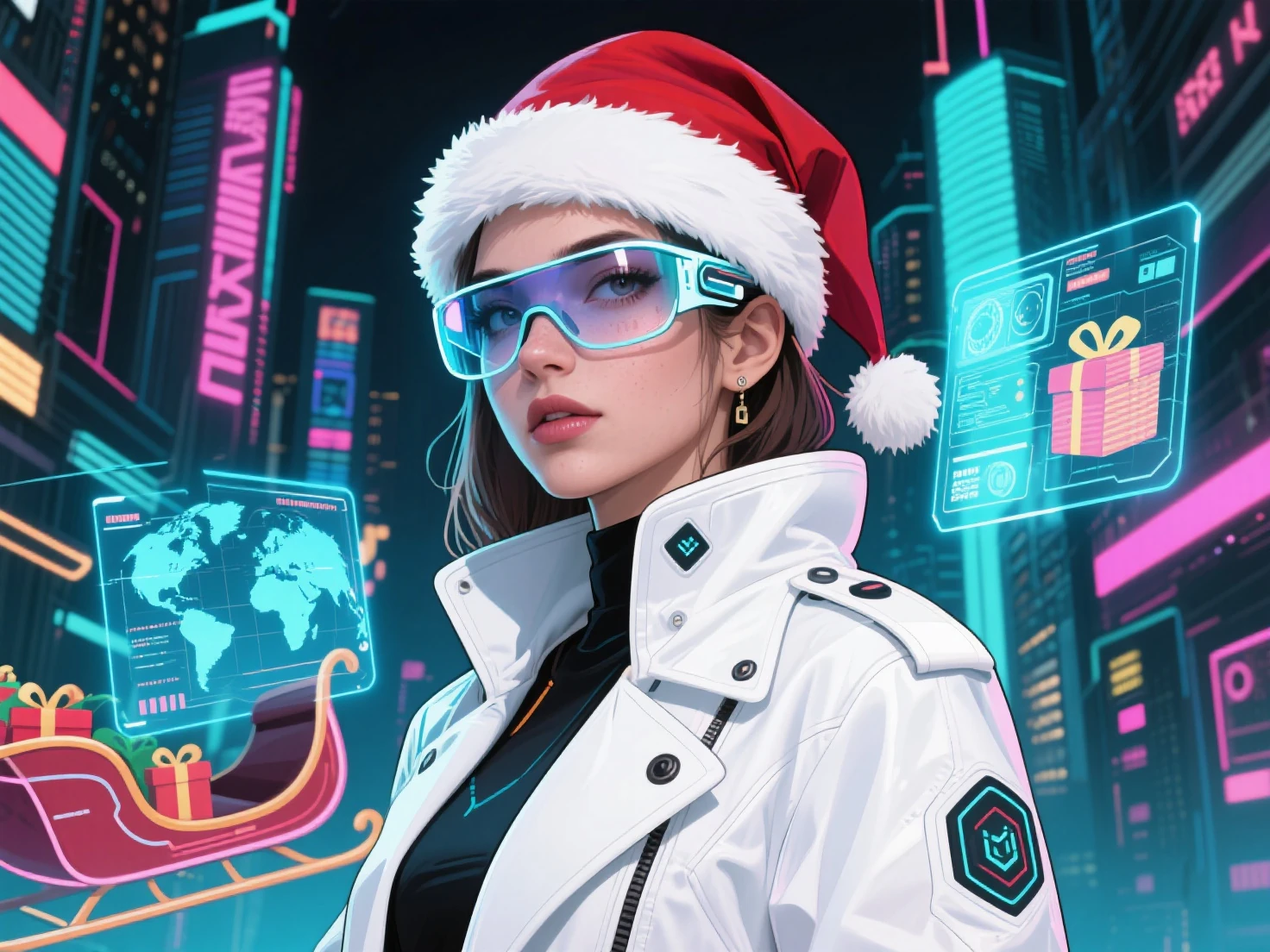 Cyberpunk pop art women Santa in a sharp white tech-wear coat. Smart glasses with holographic displays showing global gift logis...