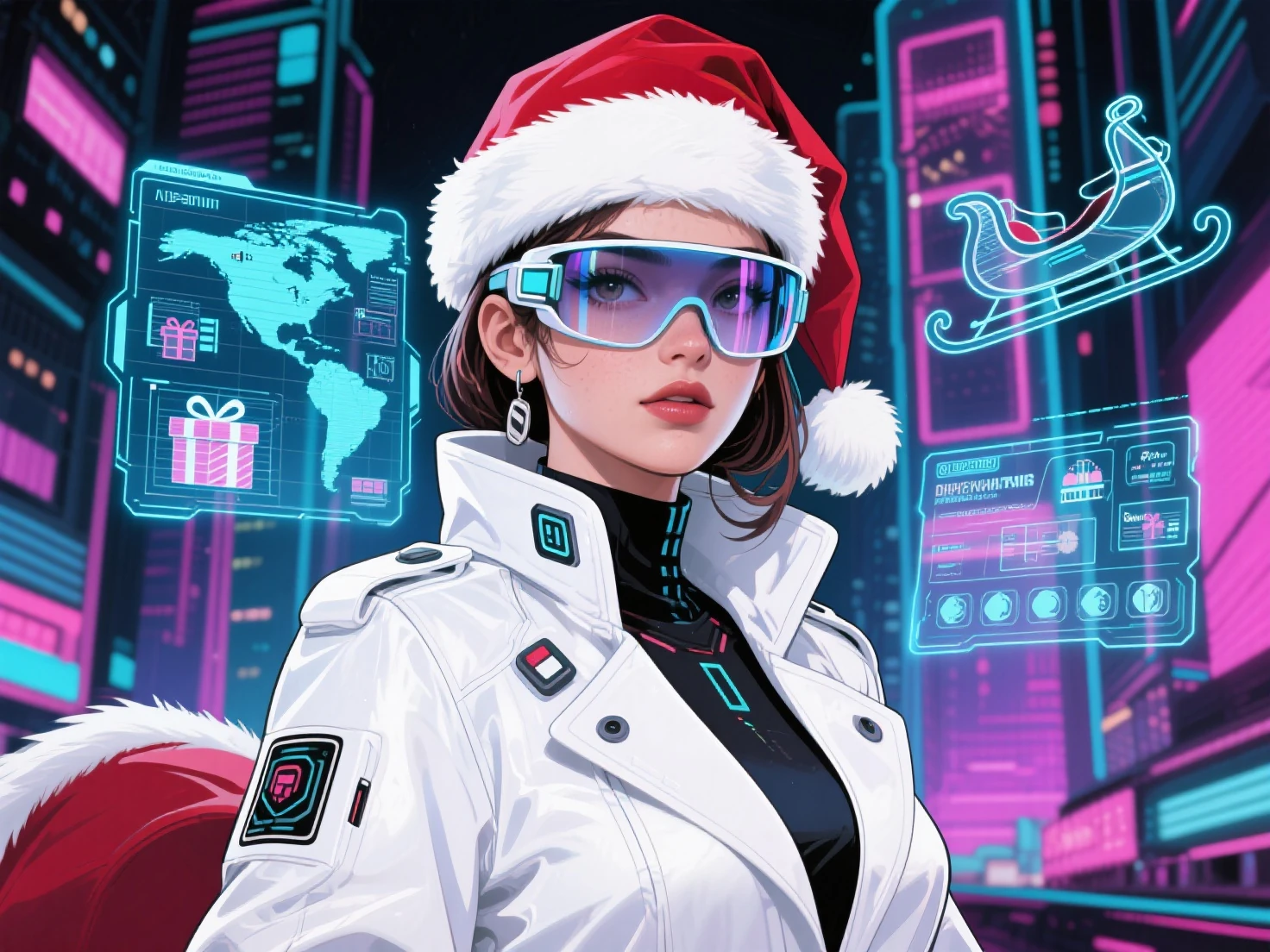 Cyberpunk pop art women Santa in a sharp white tech-wear coat. Smart glasses with holographic displays showing global gift logis...