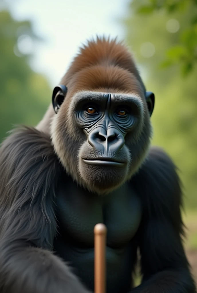 Ein humorvoller Gorilla hält einen Selfie-Stick und filmt sich selbst wie ein In