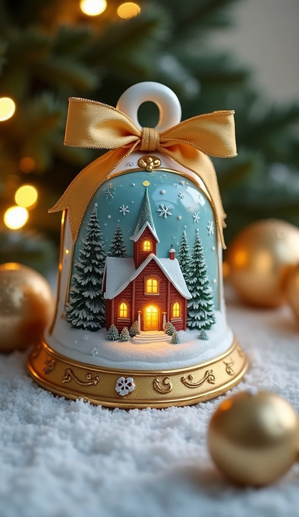 Christmas toy in the shape of a bell, decorated with a golden bow and a pictures